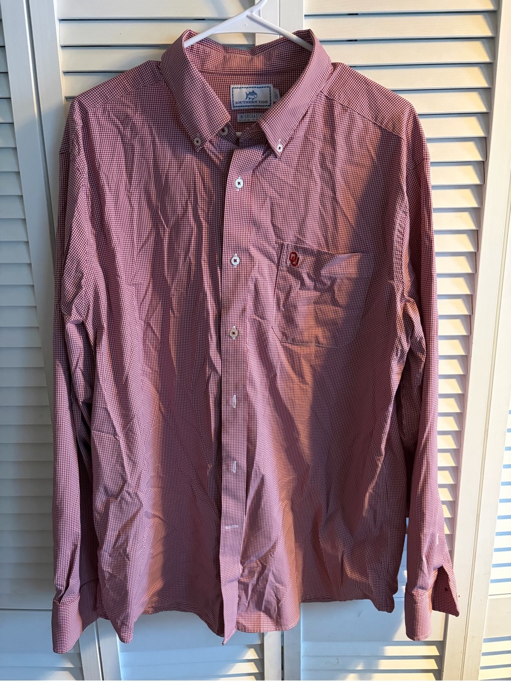 Southern Tide Men's Red Microcheck Button-Down Shirt, University of Oklahoma